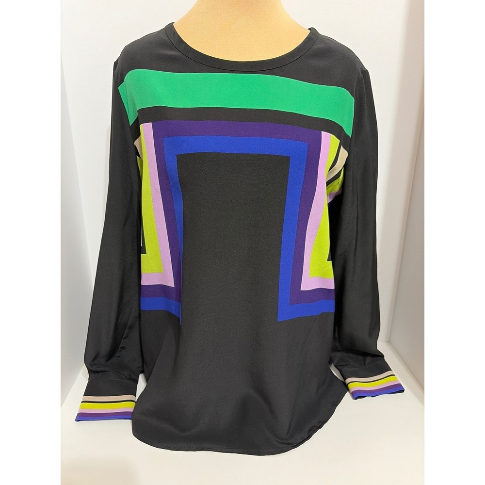 VTG Diane von Furstenberg Black Silk Colorblock Jewel Tone Geometric Blouse Sz 6